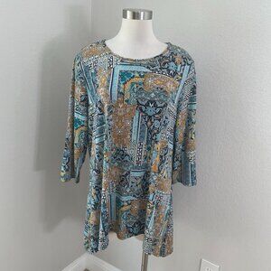 Chicos Womens Large Paisley Tunic Top Studded Scoop Neck 3/4 Sleeves Stretch